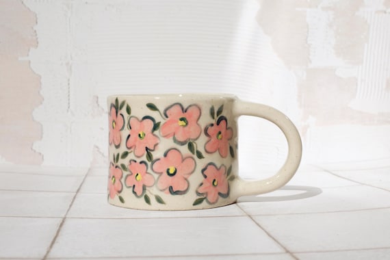 Hand Painted Floral Ceramic Mug: 310ml Handmade Stoneware Coffee Cup