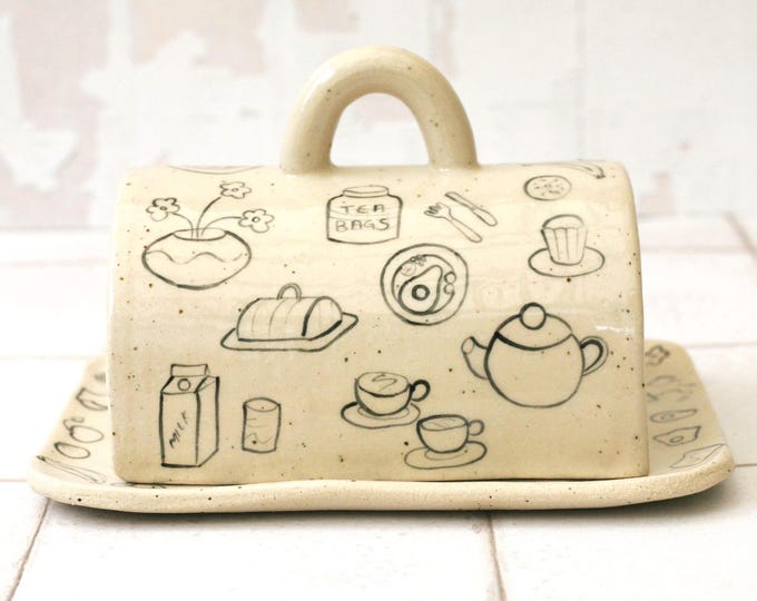 Ceramic Butter Dish - Handmade Stoneware Pottery, Hand Painted breakfast illustration
