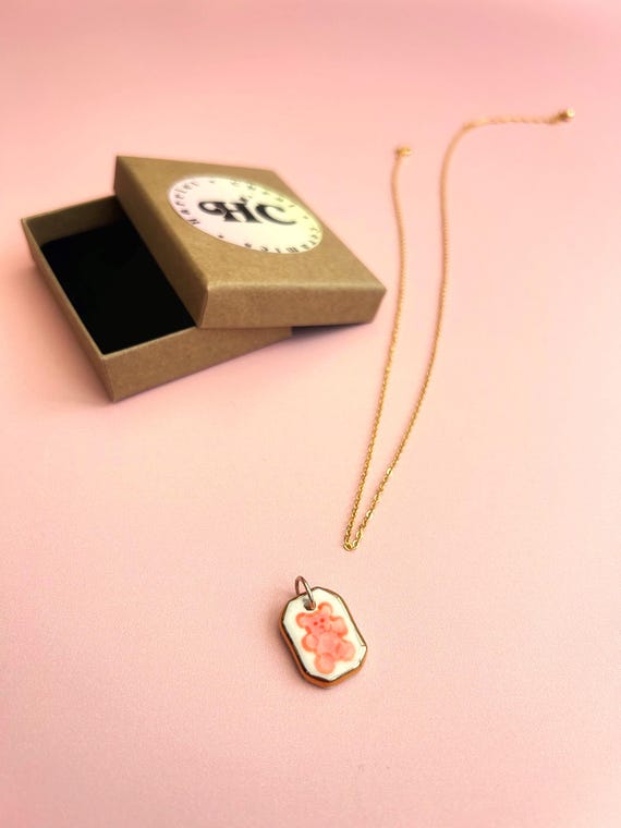 Pink Gummy Bear Ceramic Pendant: Gold Lustre Edge