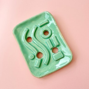 Handmade Ceramic Soap Dish: Mint Green Geometric Stoneware Tray