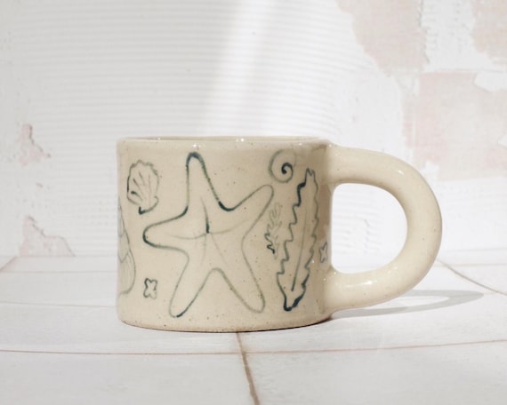 Handmade Ceramic Small Shell Mug: 270ml Pencil Drawing, Ocean Decor