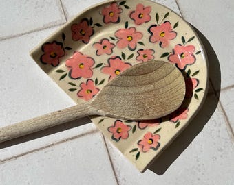 Spoon Rest for Kitchen Side, Hand Painted Floral Pattern, Stoneware Pottery