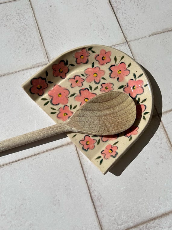 Spoon Rest for Kitchen Side, Hand Painted Floral Pattern, Stoneware Pottery