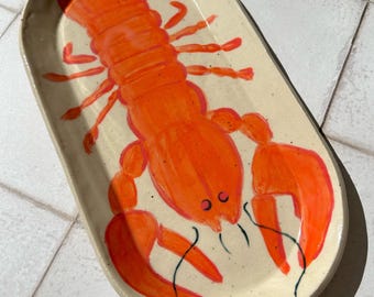 Hand painted Lobster stoneware tray - Slab built hand made pottery