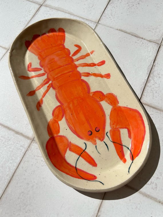 Hand painted Lobster stoneware tray - Slab built hand made pottery