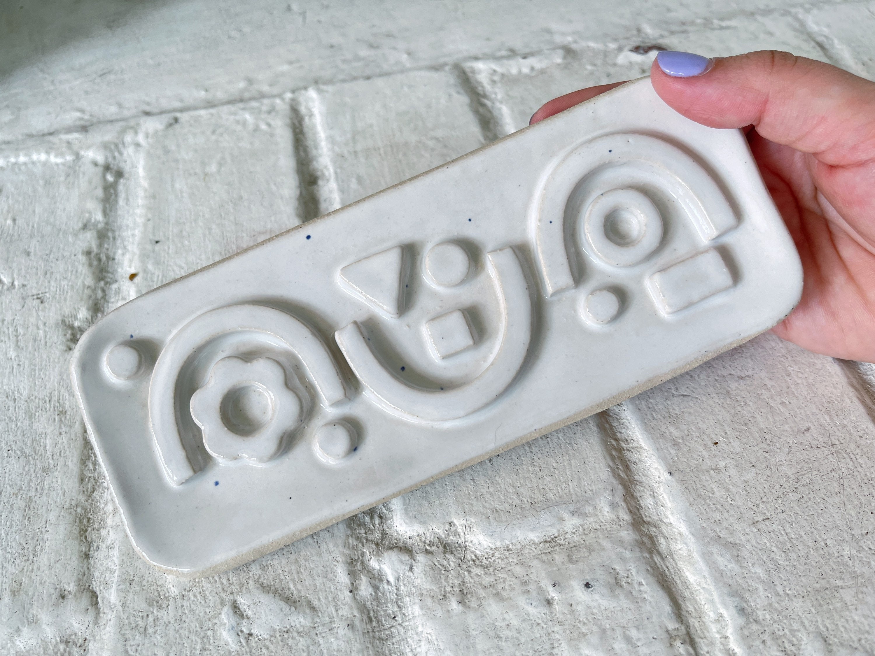 Long soap dish white with a few blue specs glaze geometric Etsy