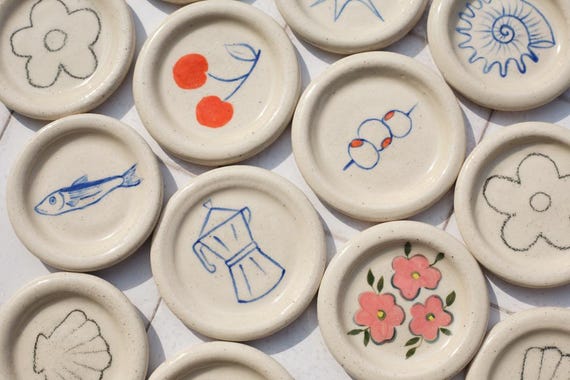 Decorative Illustrated small dish, Stoneware ceramic pottery, Hand painted thrown pottery