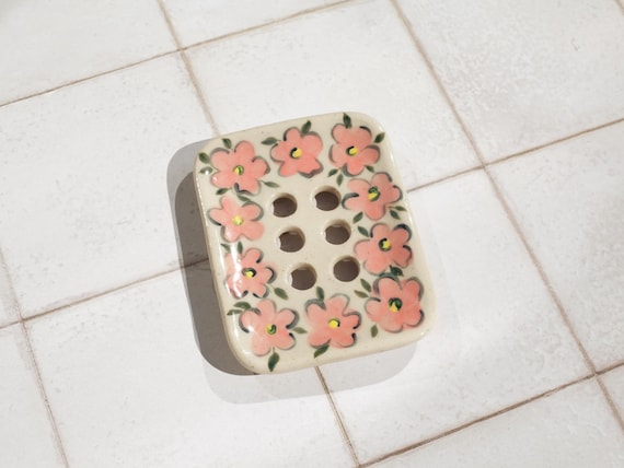 Handmade Ceramic Soap Dish: Floral Painted Pottery, Speckled Clay with Drainage