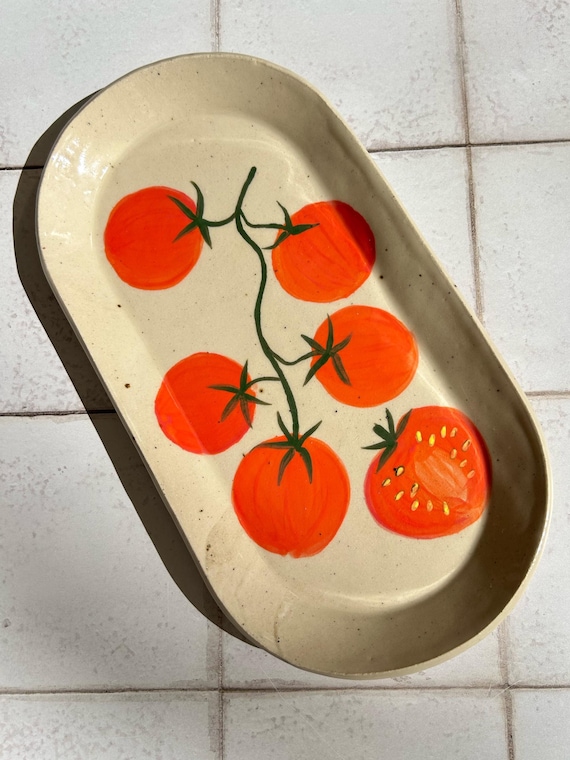 Hand painted tomatoes stoneware tray - Slab built hand made pottery