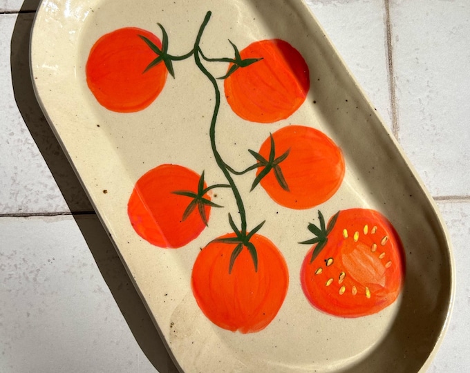 Hand painted tomatoes stoneware tray - Slab built hand made pottery