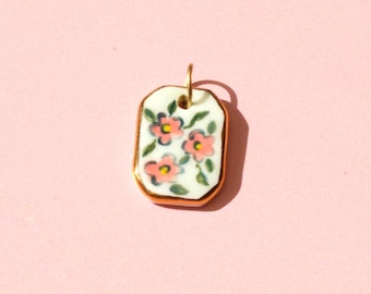 Pink Floral Pendant  – Handmade Ceramic Pink Floral Pendant With Gold Lustre – Vintage Style Flower Charm for Necklace