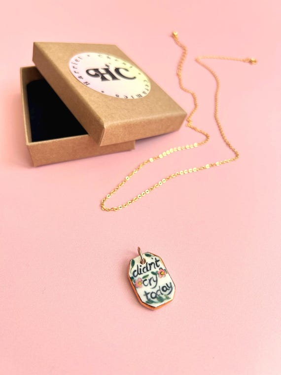 Hand Painted Pink Floral Ceramic Pendant, 'didn't cry today', Gold Luster Edge