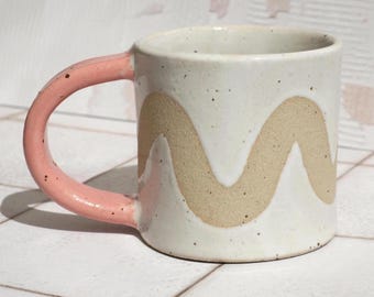 Made to order white wavy mug, pink glazed handle,