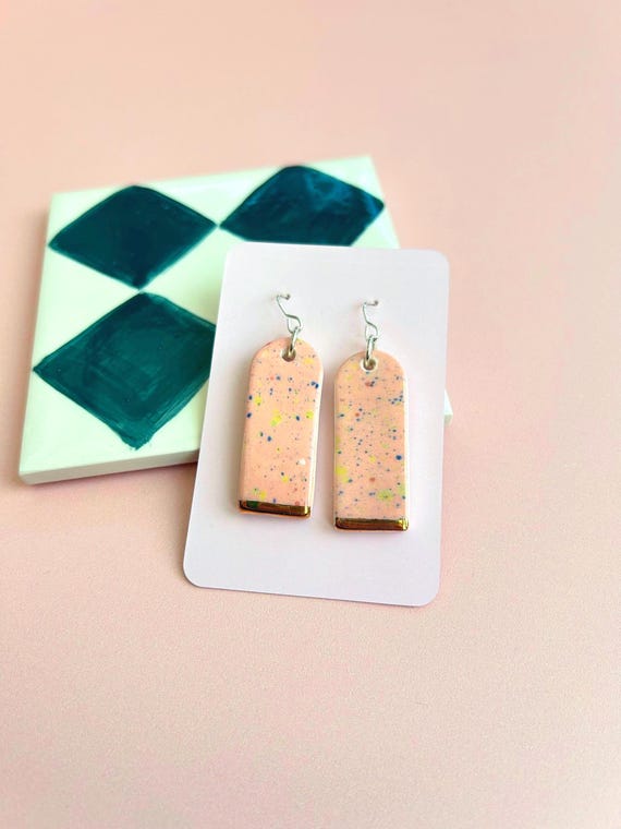 Handmade Ceramic Earrings - Hand-Painted Drop Earrings with Sterling Silver Hooks - Gold Lustre Detail