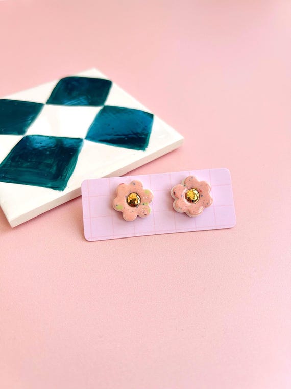 Hand-Painted ceramic Flower Stud Earrings with Gold Lustre and Sterling Silver Posts