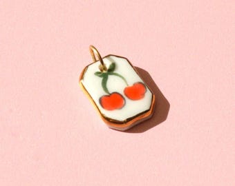 Cherry Pendant With Gold Lustre– Handmade Ceramic Cherry Pendant – Cute Fruit Charm for Necklace