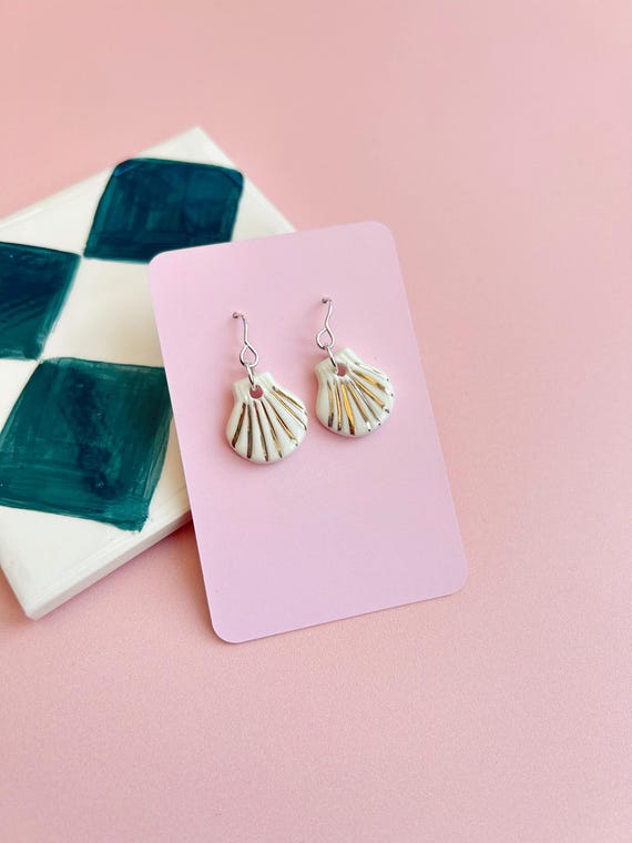 Handmade Ceramic Earrings - Shell Drop Earrings with Sterling Silver Hooks - Gold Lustre Detail