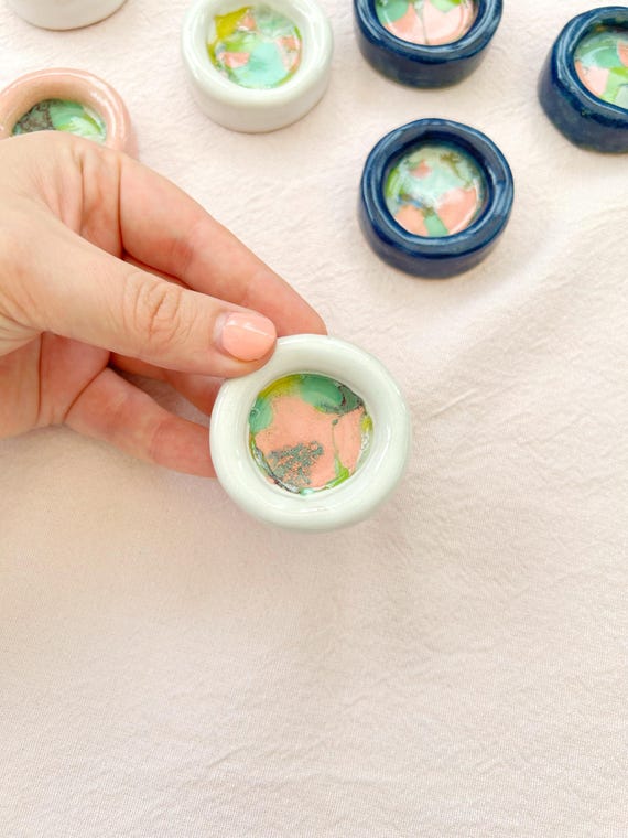 Handmade White Ceramic Trinket Dish, Round Bubble Shape With Colourful Glazes