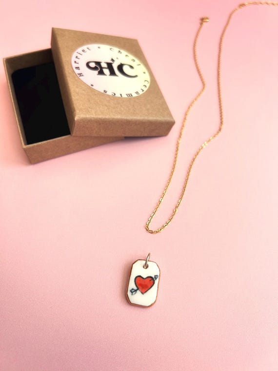 Handmade Ceramic Heart Necklace Pendant (2cm)– Red Love Pendant with Gold Lustre Edge