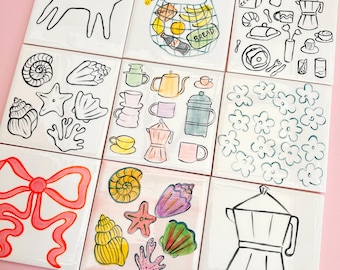 Hand painted tile coasters - choose one ceramic coaster - Floral/coffee/shell/bow/cat designs