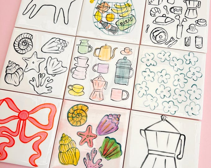 Hand painted tile coasters - choose one ceramic coaster - Floral/coffee/shell/bow/cat designs