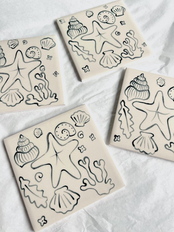 Hand Painted Ceramic Tile Coaster : Sea Shell Illustration Dark Blue