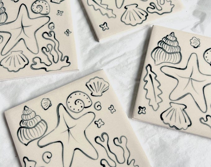 Hand Painted Ceramic Tile Coaster : Sea Shell Illustration Dark Blue Painting