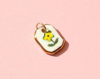 Yellow Flower Pendant – Handmade Ceramic Flower Pendant with Gold Lustre– Handmade Floral Charm forNecklace
