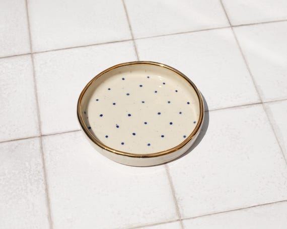Hand-Painted Blue Polka Dot Stoneware Dish: Gold Lustre Edge