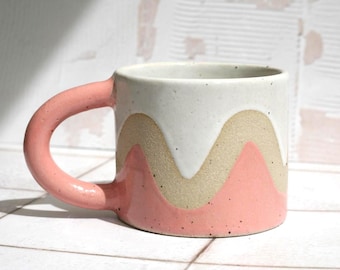Small Handmade Ceramic Wavy Mug, Pink and White Glazed