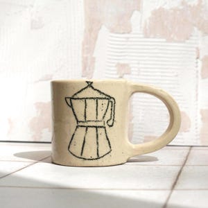 Handmade Stoneware Espresso Mug: Hand-Drawn Coffee Pot Design