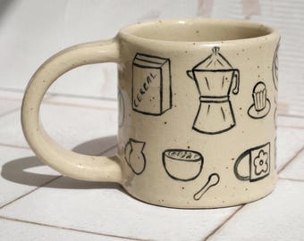 Handmade Stoneware Ceramic Mug with Hand Painted Breakfast Illustration