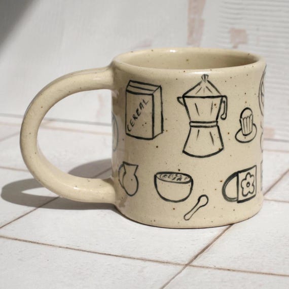 Handmade Stoneware Ceramic Mug with Hand Painted Breakfast Illustration