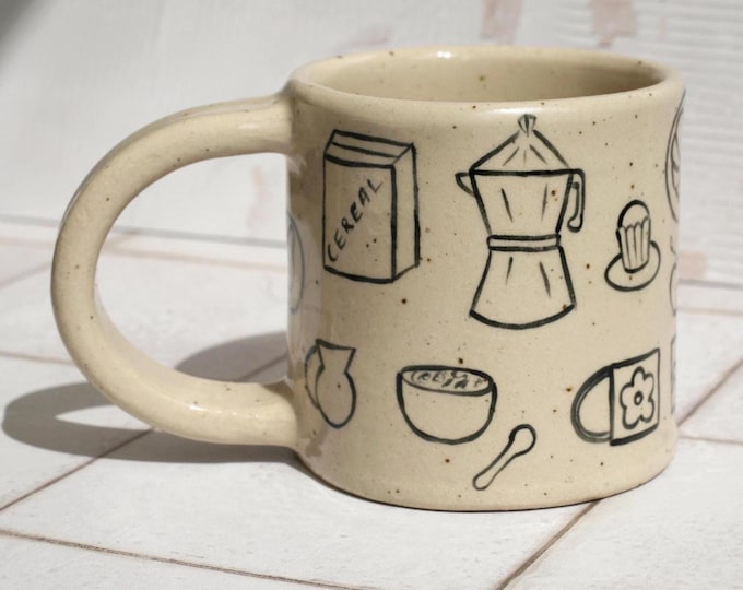 Handmade Stoneware Ceramic Mug with Hand Painted Breakfast Illustration