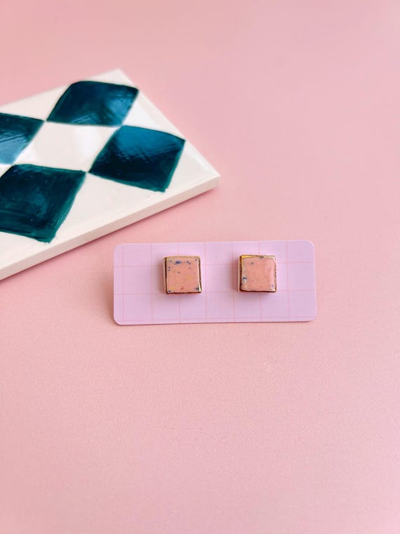 Hand-Painted Ceramic Square Stud Earrings with Gold Lustre
