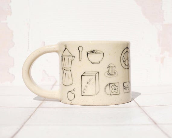 Hand Painted Breakfast Illustration Ceramic Mug: 310ml Handmade Stoneware Coffee Cup