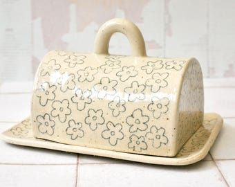 SECONDS ITEM please read description, Ceramic Butter dish - Hand drawn flower illustration