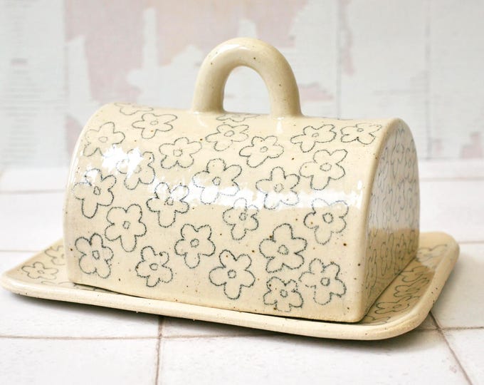 SECONDS ITEM please read description, Ceramic Butter dish - Hand drawn flower illustration