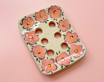Handmade Ceramic Soap Dish - Hand Painted Floral Pattern on Speckled clay, raised with feet
