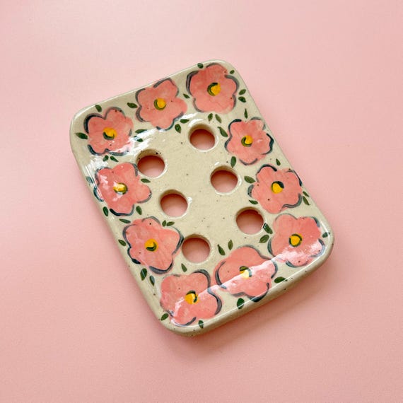 Handmade Ceramic Soap Dish: Floral Painted Pottery, Speckled Clay with Drainage
