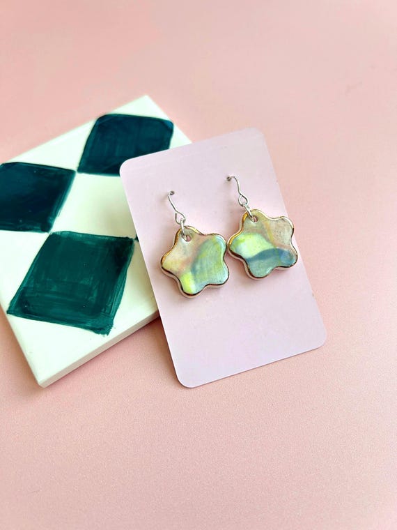 Handmade Ceramic Earrings - Hand-Painted Flower Drop Earrings with Sterling Silver Hooks - Gold Lustre Detail