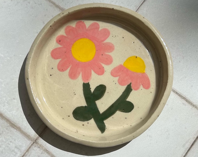 Hand painted floral stoneware tray - Slab built hand made pottery - Trinket dish/Jewellery tray
