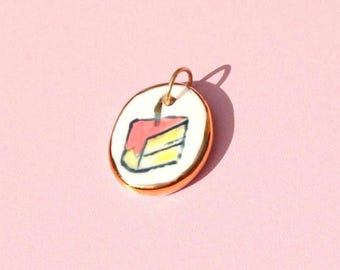Cake Slice Pendant with gold lustre – Hand-Painted Ceramic Cake Pendant – Cute Dessert Charm for necklace