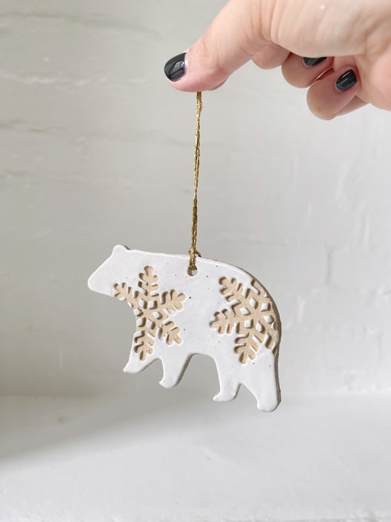 White Speckled Polar Bear Christmas Ornament - Ceramic Tree Decoration with Snowflake Detail
