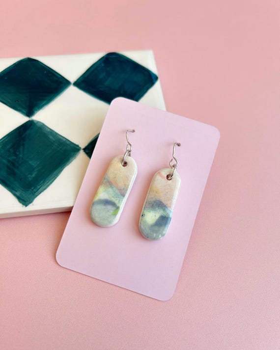 Handmade Ceramic Earrings - Hand Painted Drop Earrings with Sterling Silver Hooks