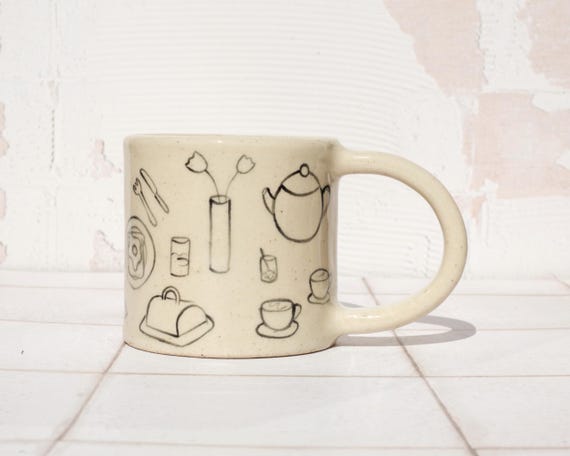 Handmade Stoneware Coffee Mug 335ml : Hand-Painted Breakfast Illustration