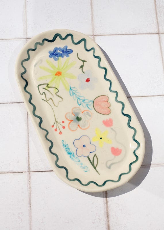 Hand-Painted Abstract Floral Stoneware Large Tray, Slab Built Ceramic Dish, Handmade Art
