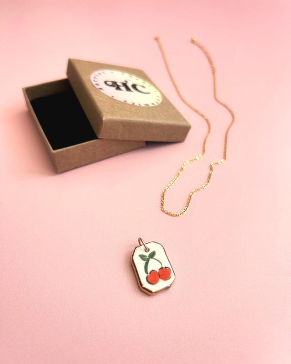 Handmade Ceramic Painted Cherry Pendant (2.1cm): Gold Lustre Edge