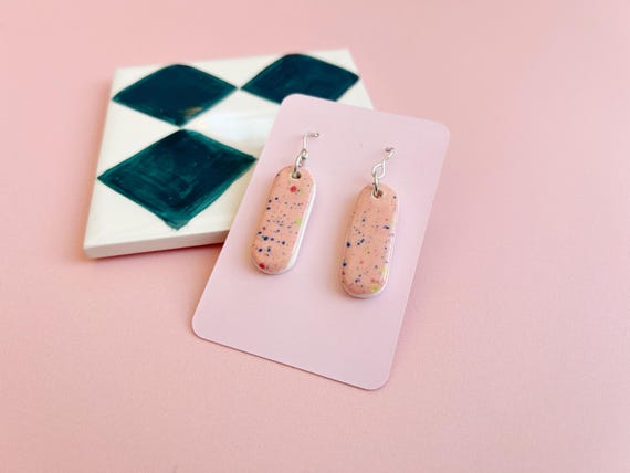 Handmade Ceramic Earrings - Hand Painted Drop Earrings with Sterling Silver Hooks