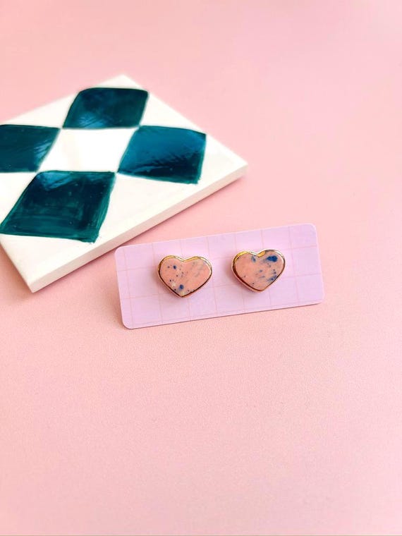 Hand-Painted Ceramic Heart Stud Earrings with Gold Lustre